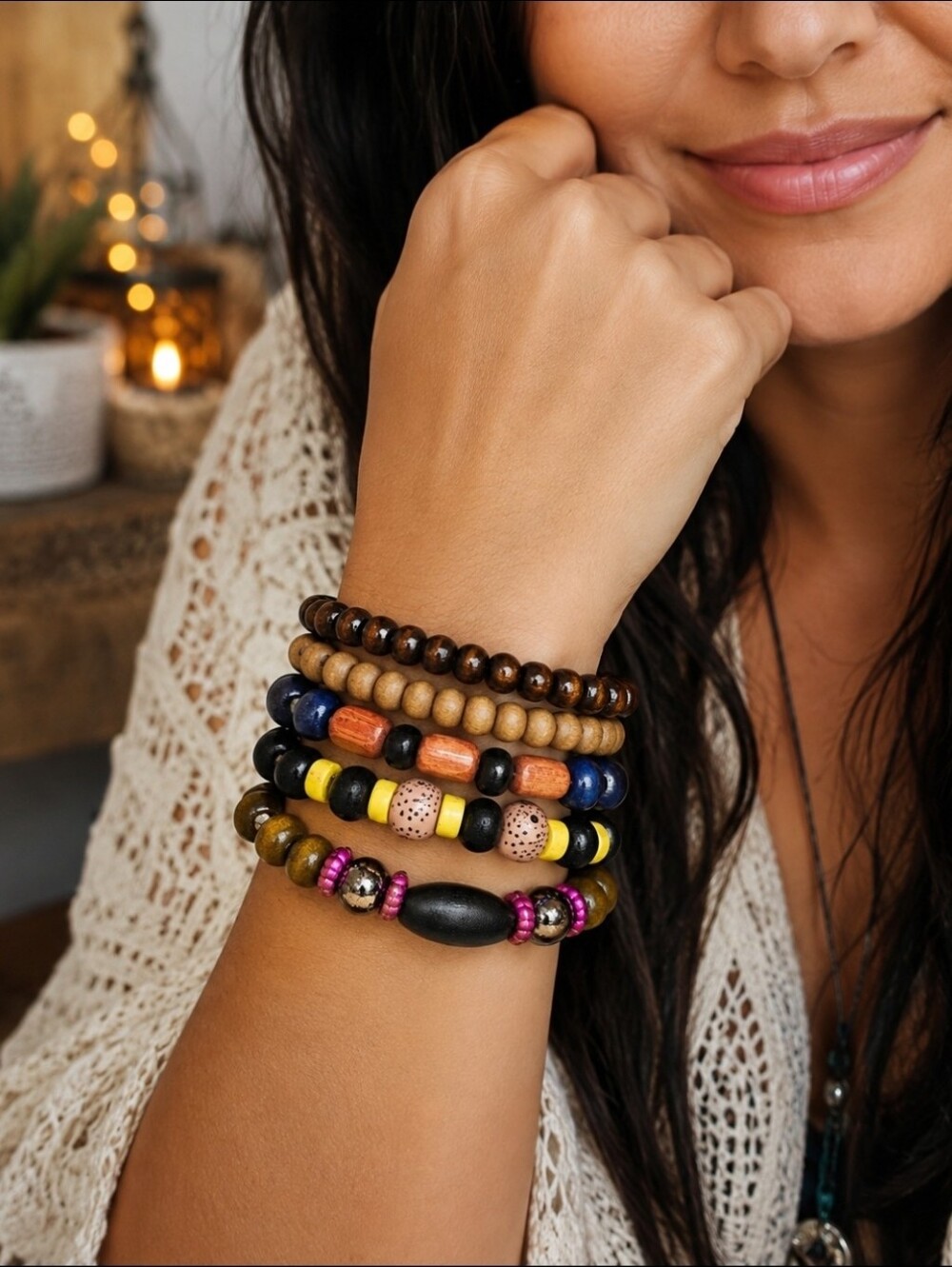 5-Piece Boho Wooden & Acrylic Stretch Bracelet Set – NEW
